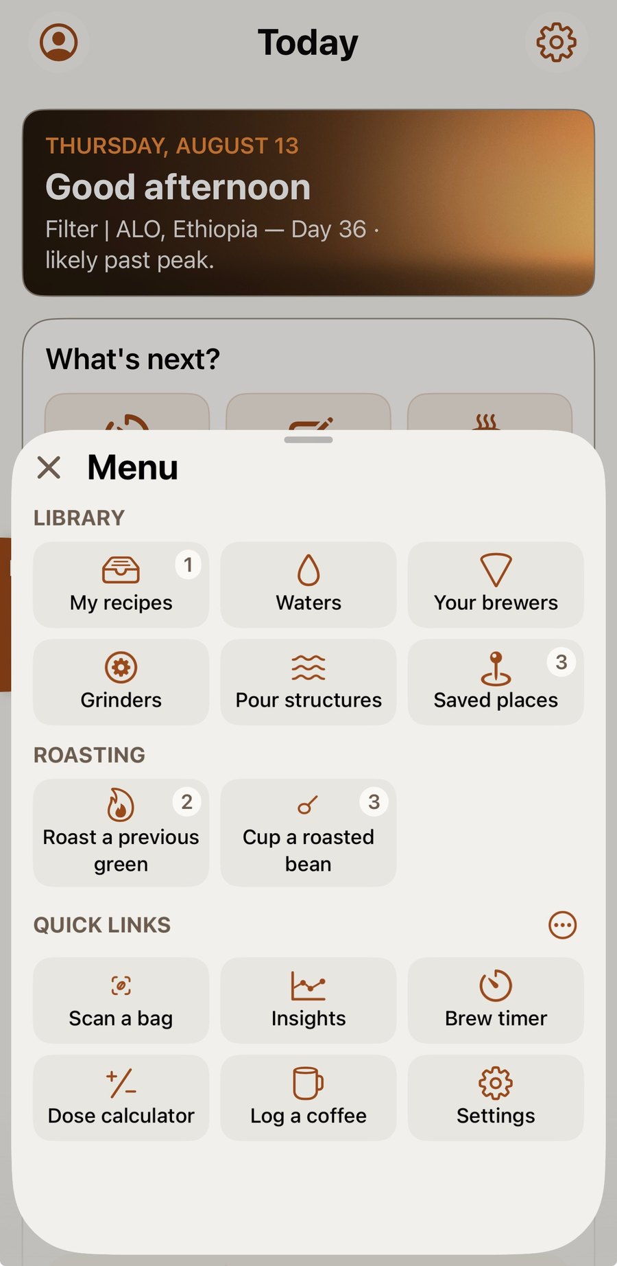 The Bean On Bar menu in light appearance: my recipes, waters, your brewers, grinders, pour structures, saved places, roast a previous green, cup a roasted bean, scan a bag, insights, brew timer, dose calculator, log a coffee, settings