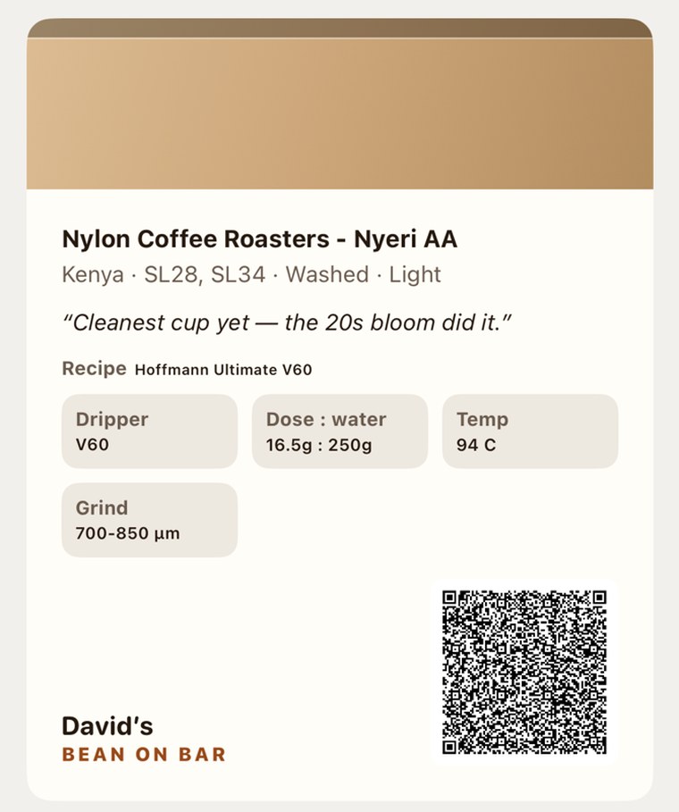 David&rsquo;s Bean On Bar share card: Nylon Coffee Roasters Nyeri AA, Kenya, SL28 and SL34, washed, light; the note cleanest cup yet, the 20s bloom did it; a V60 recipe at 16.5 g to 250 g, 94 C, 700 to 850 microns, with a QR code